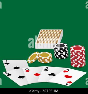 Spielkarten – vier Aces und Poker-Chips auf dem grünen Tisch Stock Vektor
