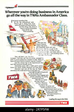 TWA Ambassador Class, Werbung von Trans world Airlines in einem Magazin in NatGeo, Oktober 1987 Stockfoto