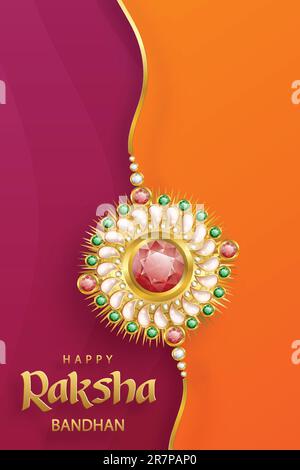 Happy Raksha Bandhan, das indische Festival, mit Raki-Elementen und Kristall auf farbigem Hintergrund Stock Vektor