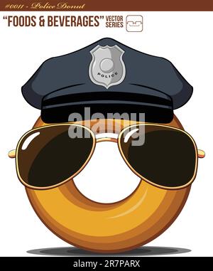 Ein isolierter Überträger eines Cartoon-Donuts mit Polizeihut und Sonnenbrille. Gut für viele Anwendungen, insbesondere für Logo und Charakter, Hut und Su... Stock Vektor