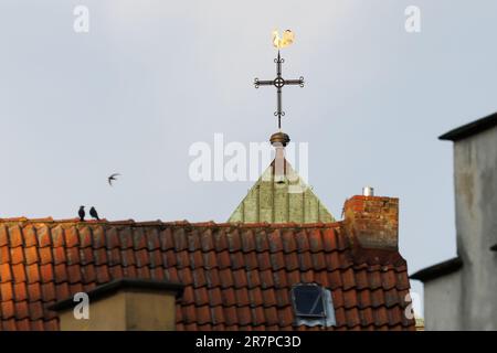 16. Juni 2023, Niedersachsen, Osnabrück: Ein Kreuz von der katholischen Kathedrale St. Peter wird im Licht der untergehenden Sonne am Vorabend des Ökumenischen Kirchenkongresses gesehen. Foto: Friso Gentsch/dpa Stockfoto