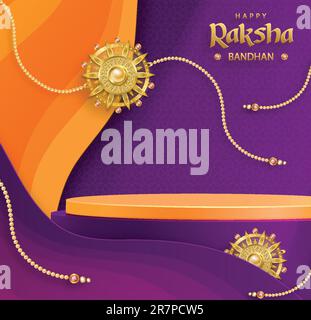 3D Runde Podiumsbühne für Happy Raksha Bandhan, das traditionelle indische Festival mit Rakhi-Elementen und Kristall auf farbigem Hintergrund Stock Vektor