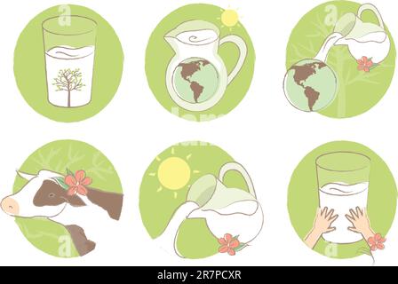Eine Reihe von Illustrationen zum Thema Milch, die zum Thema Erde gehören. Stock Vektor