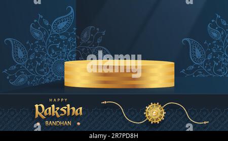 3D Runde Podiumsbühne für Happy Raksha Bandhan, das traditionelle indische Festival mit Rakhi-Elementen und Kristall auf farbigem Hintergrund Stock Vektor