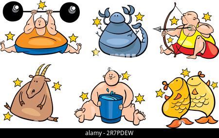 Darstellung der sechs übergewichtig Tierkreiszeichen von November bis März Stock Vektor