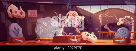 Verlassenes Museum und zerbrochene Fossilien-Dinosaurier-Cartoon-Vektorausstellung. Tyrannosaurus paleontologische Desaster-Illustration. Schmutzige, alte jurassic-Galerie-Zimmer mit Spinnennetz am Fenster und Knochen Stock Vektor