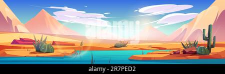 Der Fluss fließt durch die Sahara-Wüste. Vektor-Cartoon-Darstellung von heißen Sanddünen an sonnigen Tagen, Steine am Ufer, grüne Kakteen, die in der Nähe des Wassers wachsen, Sonnenlicht in der Luft, Wolken am Himmel Stock Vektor