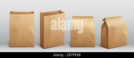 Realistischer Satz brauner Papiertüte, isoliert auf transparentem Hintergrund. Vektordarstellung eines offenen und geschlossenen Pakets für Essen zum Mitnehmen, Mittagessen, Kaffee oder Tee, Süßigkeiten, Snackverpackungen Stock Vektor