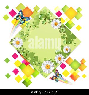 Abstrakter grüner Hintergrund mit Schmetterlingen und Blumen Stock Vektor