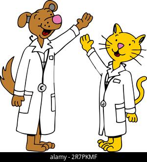 Ein Bild von Hund und Katze Ärzte mit erhobenen Armen. Stock Vektor