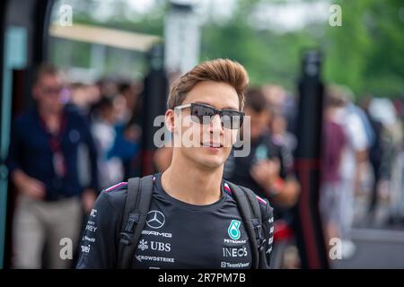 George Russell (GBR) Mercedes W14 E Vorstellung am 1. Tag der FORMEL 1 PIRELLI GRAND PRIX DU CANADA 2023 - vom 15. Bis 18. Juni 2023 in Montreal, Quebec, Kanada Stockfoto