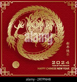 „Happy Chinese New Year 2024 Dragon Zodiac“-Schild mit goldener Papierschnitthöhe und Kunsthandwerk auf farbigem Hintergrund (Chinesische Übersetzung: Frohes neues Jahr 2024, Stock Vektor