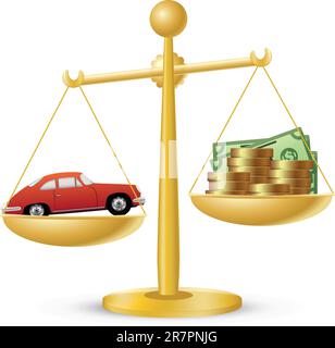 Auto und Geld auf Waage. Konzept der Autopreise. Stock Vektor