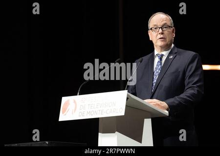 Checy, Frankreich. 17. Juni 2023. Prinz Albert II. Von Monaco spricht während der Eröffnungszeremonie beim Monte Carlo TV Festival 62. am 16. Juni 2023 in Monte-Carlo, Monaco. Foto: David Niviere/ABACAPRESS.COM Kredit: Abaca Press/Alamy Live News Stockfoto