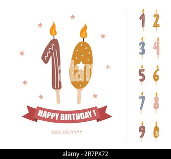 Geburtstagszahlen Kerzen mit brennenden Flammen. Süße Bo-Elemente zum Feiern. Vorlage für Einladungskarte zur Party. Vektordarstellung flach Stock Vektor