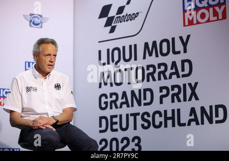 Hohenstein Ernstthal, Deutschland. 16. Juni 2023. Motorsport/Motorrad, deutscher Grand Prix am Sachsenring. Wolfgang Dürheimer nimmt an einer Pressekonferenz zum Motorsport Team Deutschland Teil. Kredit: Jan Woitas/dpa/Alamy Live News Stockfoto