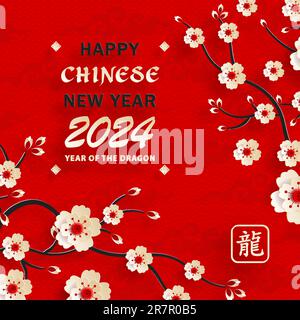 „Happy Chinese New Year 2024 Dragon Zodiac“-Schild mit goldener Papierschnitthöhe und Kunsthandwerk auf farbigem Hintergrund (Chinesische Übersetzung: Frohes neues Jahr 2024, Stock Vektor