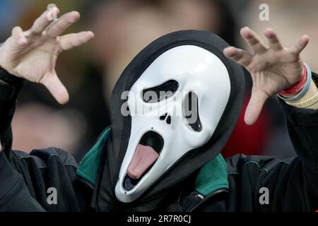 Ein Unterstützer erwartet den Start des Finales der Rugby-Weltmeisterschaft Neuseeland gegen Frankreich im Eden Park, Auckland, Neuseeland, Sonntag, 23. Oktober, 2011. Stockfoto