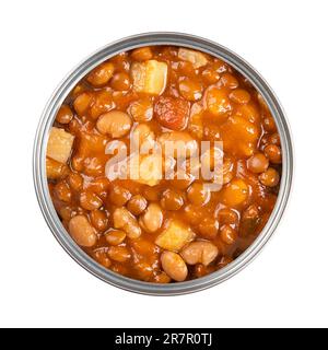 Linsen und Bohneneintopf, in einer offenen Dose. Französischer Eintopf mit braunen Linsen, weißen Bohnen, Kartoffeln, Tomaten, Zwiebeln und Kräutern, In Flüssigkeit gekocht. Stockfoto