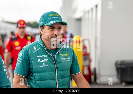 Montreal, Kanada. 15. Juni 2023. CIRCUIT GILLES VILLENEUVE, KANADA - 15. JUNI: Fernando Alonso, Aston Martin F1 AMR23 während des kanadischen Grand Prix im Circuit Gilles Villeneuve am Donnerstag, 15. Juni 2023 in Montréal, Kanada. (Foto: Michael Potts/BSR Agency) Kredit: BSR Agency/Alamy Live News Stockfoto