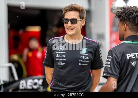 Montreal, Kanada. 15. Juni 2023. CIRCUIT GILLES VILLENEUVE, KANADA - 15. JUNI: George Russell, Mercedes F1 F1 W14 während des kanadischen Grand Prix am Circuit Gilles Villeneuve am Donnerstag, 15. Juni 2023 in Montréal, Kanada. (Foto: Michael Potts/BSR Agency) Kredit: BSR Agency/Alamy Live News Stockfoto
