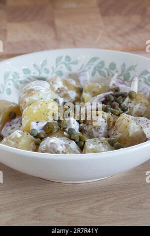 Hausgemachter Kartoffelsalat mit roten Zwiebeln und Kapern in einer Schüssel. Auf einer Arbeitsplatte aus Holz Stockfoto
