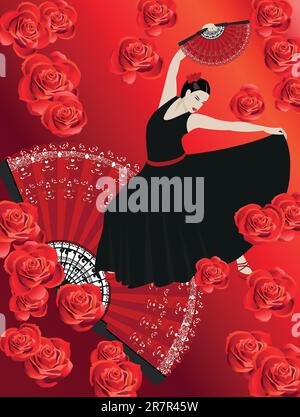 Illustration einer Flamenco-Tänzerin mit einem spanischen Fan und Rosen Stock Vektor