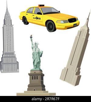 Illustration mit Freiheitsstatue, Chrysler, Empire State Buildings und einem New York City Taxi Stock Vektor