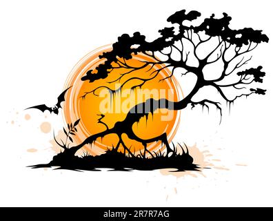 Halloween-Hintergrund mit Silhouette einer Sonne Baum und Einstellung Stock Vektor