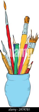 Bleistifte, Stifte und Pinsel zum Anstreichen der Keramikvase. Vektordarstellung eines EPS-Formats. Stock Vektor