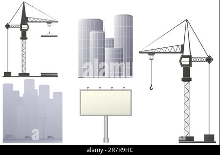 Set mit Baukran, Plakatwand und Wolkenkratzern Stock Vektor