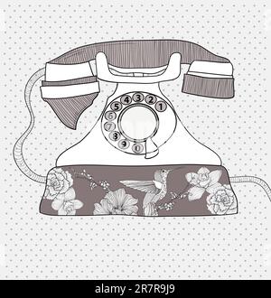 Hintergrund mit Retro-Telefon. Vintage Vektorgrafik. Telefon mit Blumen und Vögel. Telefon mit floralem Muster. Stock Vektor