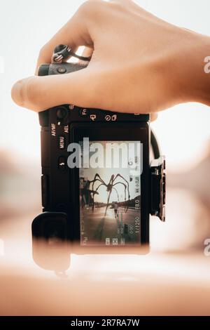 Eine Kamera, die die Welt aus einem einzigartigen Blickwinkel einfängt und mit ihrem Objektiv Momente in der Zeit einfriert, während sich die Vision des Fotografen entfaltet. Stockfoto