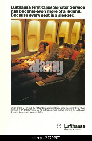 Lufthansa First Class Senator Service Werbung in einer Zeitschrift 1982. Stockfoto