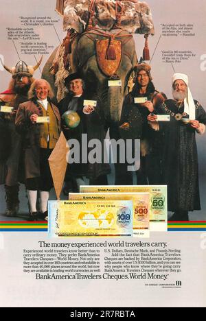 Bank of America Travellerschecks in einem Magazin 1982. Stockfoto