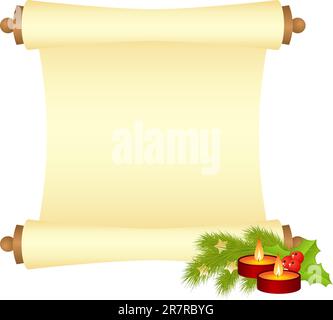Manuskript mit Tannenzweig und Kerzen. Vektordarstellung, isoliert auf einem weißen Bild. Stock Vektor
