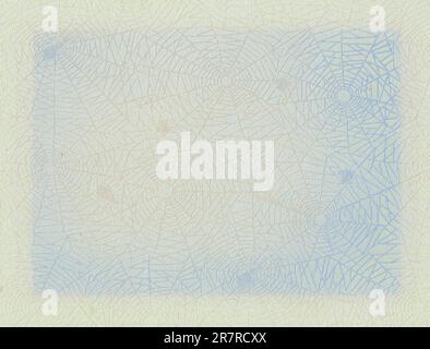 Altes transparentes Spinnenpapier auf cremefarbenem Hintergrund. Zwischenpapier aus einem Fotoalbum. Es gibt eine blaue Verfärbung in Form eines Rechtecks i. Stockfoto