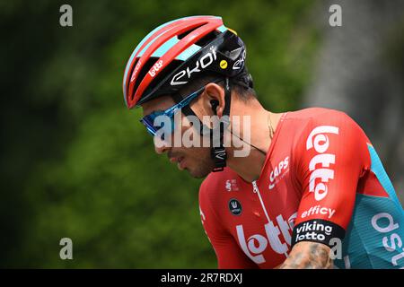 Durbuy, Belgien. 17. Juni 2023. Australischer Caleb Ewan von Lotto-Dstny, dargestellt zu Beginn der 4. Etappe des Radrennens Baloise Belgium Tour, von und nach Durbuy (172, 6 km) am Samstag, den 17. Juni 2023. BELGA FOTO DAVID STOCKMAN Kredit: Belga News Agency/Alamy Live News Stockfoto