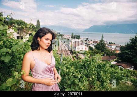 Sommerportrait von hübschen jungen Weinbergen bei Sonnenuntergang, Genfer See und Berge in Haute-Savoie, Auvergne-Rhone-Alpes Stockfoto