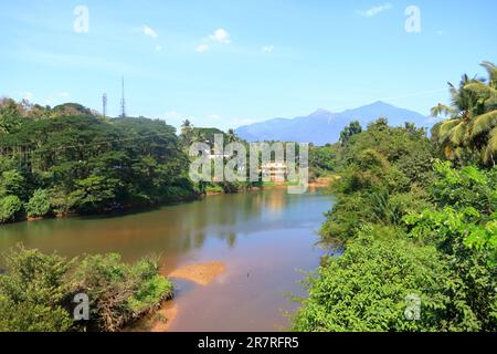 Blick von der Spitze der Kuttyady (Kuttiady, Kuttyadi) Brücke zum Fluss und den Bergen, Khozikode, Kerala in Indien Stockfoto