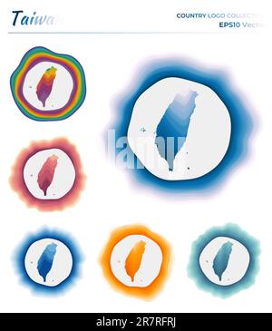 Taiwan Logo-Kollektion. Farbenfrohes Abzeichen des Landes. Schichten um die Rahmenform Taiwan. Vektordarstellung. Stock Vektor