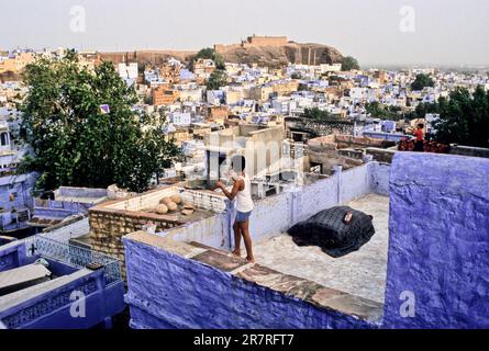 Kinder fliegen ihre Drachen von den Terrassen in der Blauen Stadt, Jodhpur, Rajasthan, Indien Stockfoto