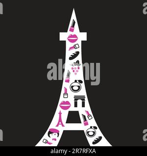 Paris Tower mit Ikonen, Retro-Style. Vektordarstellung. Stock Vektor