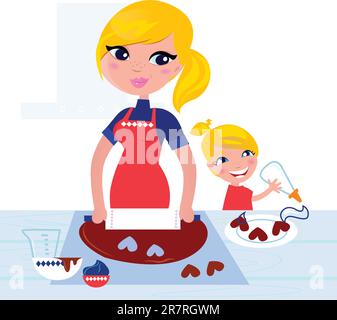 Glückliche blonde Haare Mutter mit Tochter, die zusammen gebacken hat. Vektor Stock Vektor