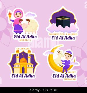 Happy Eid Al Adha Mubarak Label Illustration Flacher Cartoon Handgezeichnete Vorlagen Hintergrund Stock Vektor