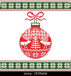 Roter weihnachtsball mit Hirschen und nordischem Muster auf weißem Hintergrund, Vektordarstellung Stock Vektor