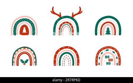 Weihnachtsregenbögen mit Neujahrselementen. Winter Clipart im Bo-Style. Kindliche Vektor-Illustration für Poster, Aufkleber, Textil, Logo Stock Vektor