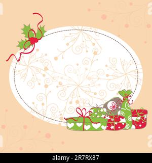 Weihnachten Grußkarten-Stechpalme Blatt und bunten Gegenwart Stock Vektor