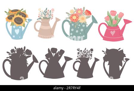 Lernspaß für Kinder. Finde die richtige schwarze Silhouette zum Gießen von Dosen mit Blumensträußen. Vektorvorlage für Vorschulspiele im Sommer. Stock Vektor