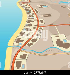 Bearbeitbares Vektor-Illustration einer abgewinkelten generische Karte exklusive Häuser direkt am Strand Stock Vektor